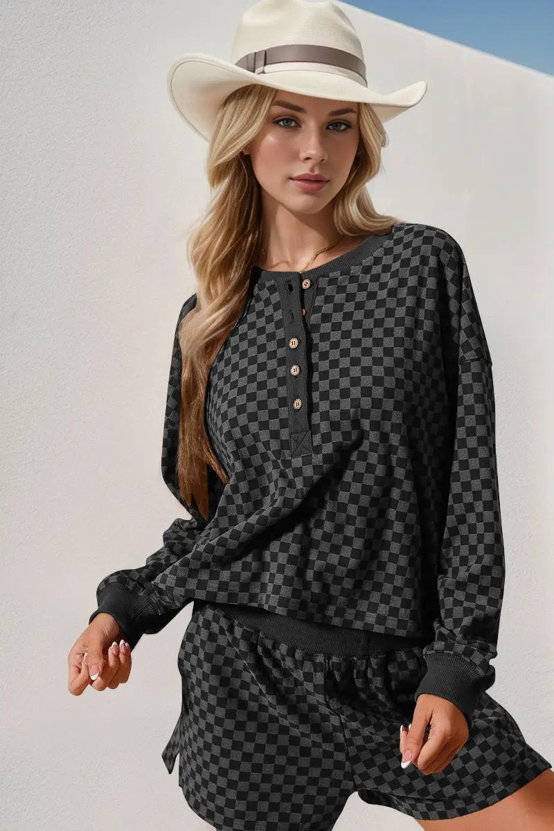 Double Take Checkered Half Button Top and Shorts Set - Love Salve