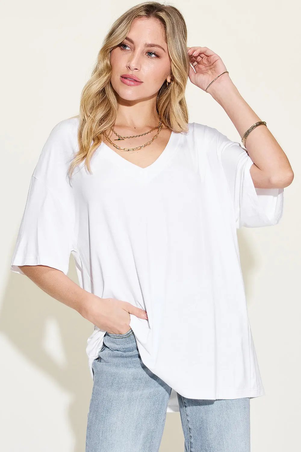Basic Bae Full Size Bamboo V-Neck Drop Shoulder T-Shirt - Love Salve
