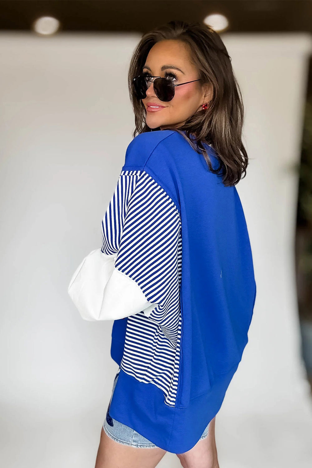 Dark Blue Striped Patchwork Sleeve Colorblock Sweatshirt Dear-Lover Dropshipping