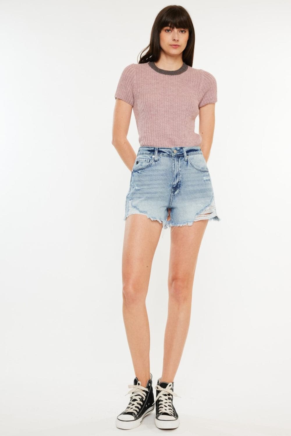 Kancan Distressed High Waist Denim Shorts with Pockets.