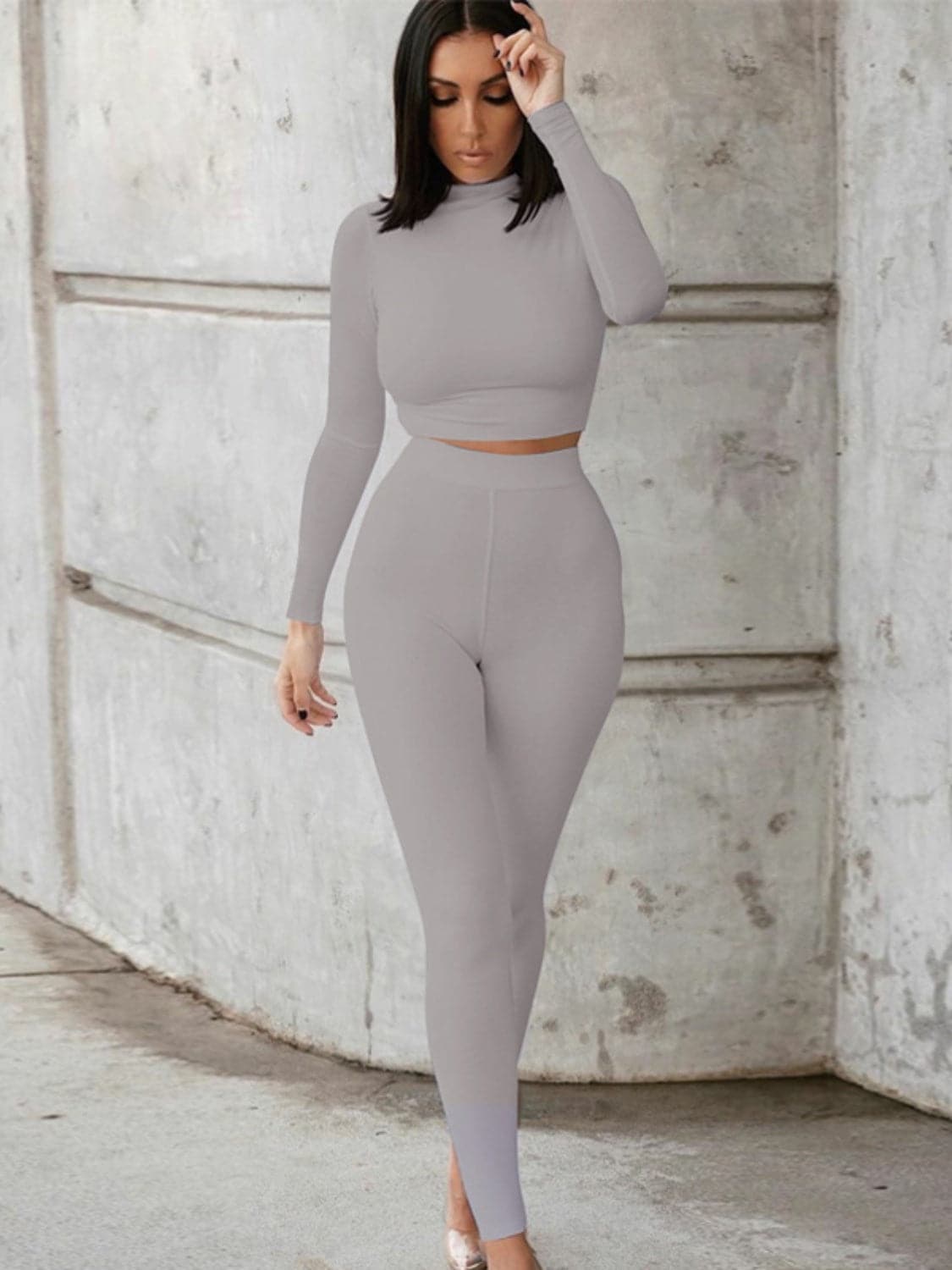 Mock Neck Long Sleeve Top and High Waist Pants Set.