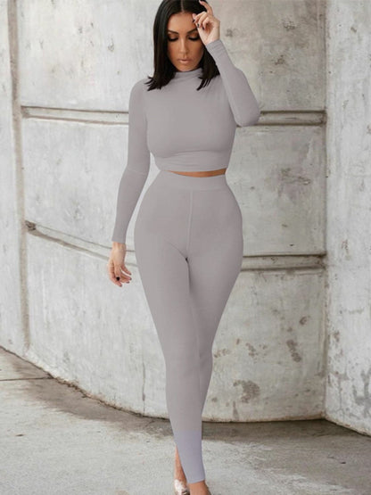 Mock Neck Long Sleeve Top and High Waist Pants Set.