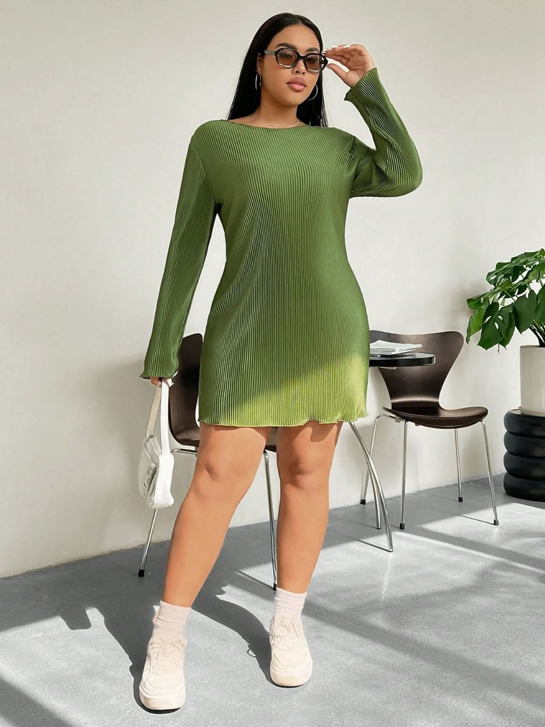 Chic honey plus size lettuce hem long sleeve dress