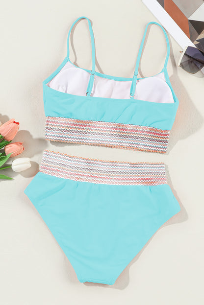 Chic sky blue high waist bikini with striped patchwork design