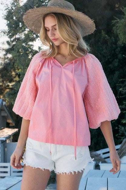 ODDI Full Size Poplin Bubble Sleeve Blouse.