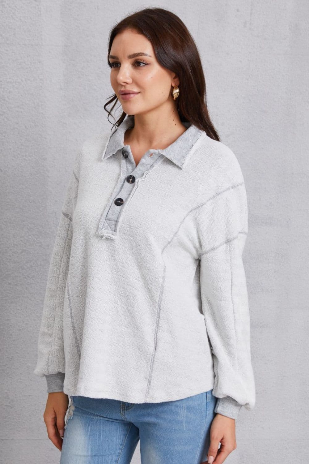 Half Button Dropped Shoulder Sweatshirt.