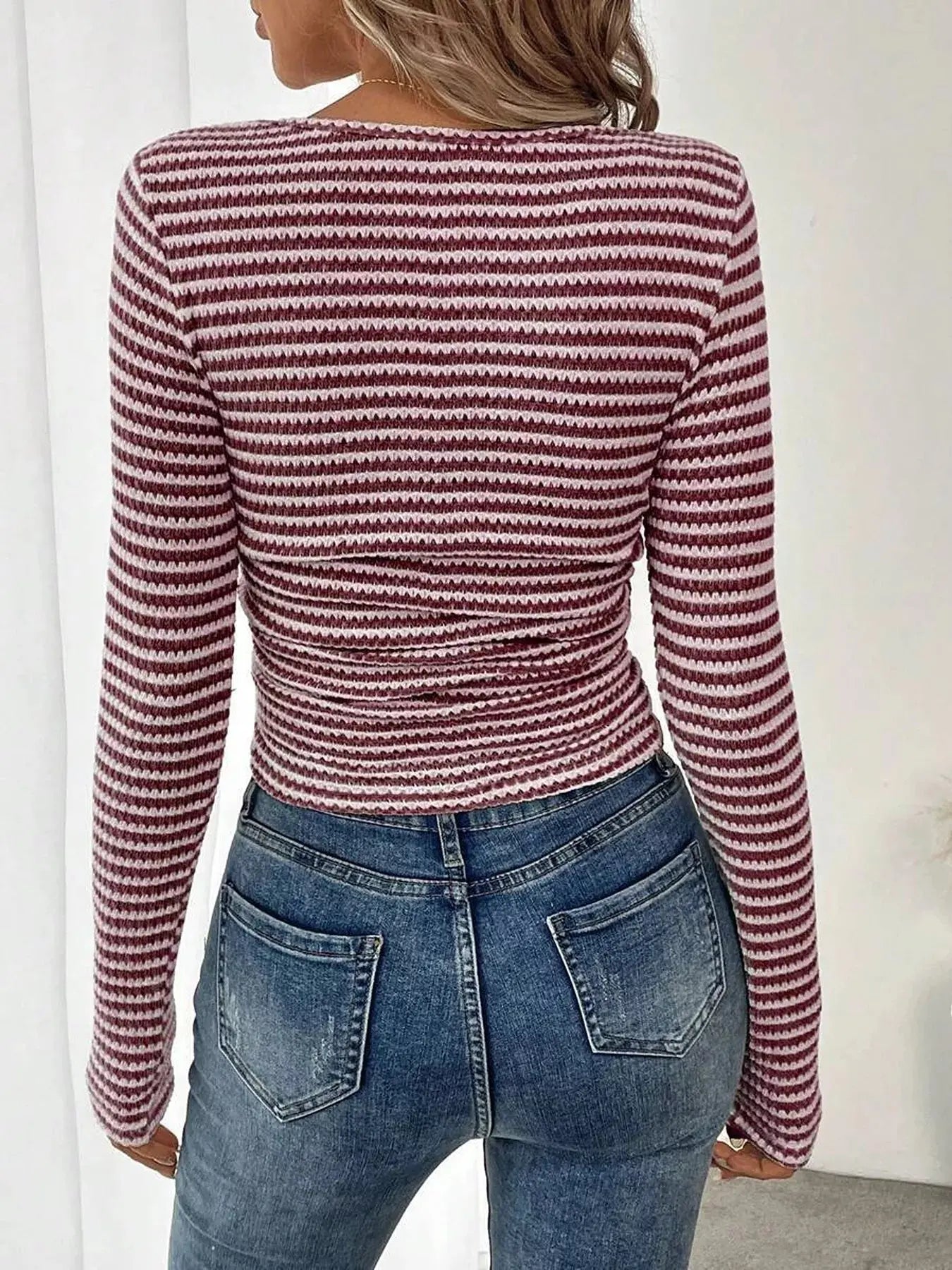 Striped Square Neck Knit Top Long Sleeve Lightweight Viscose Blend For Women Simply Love