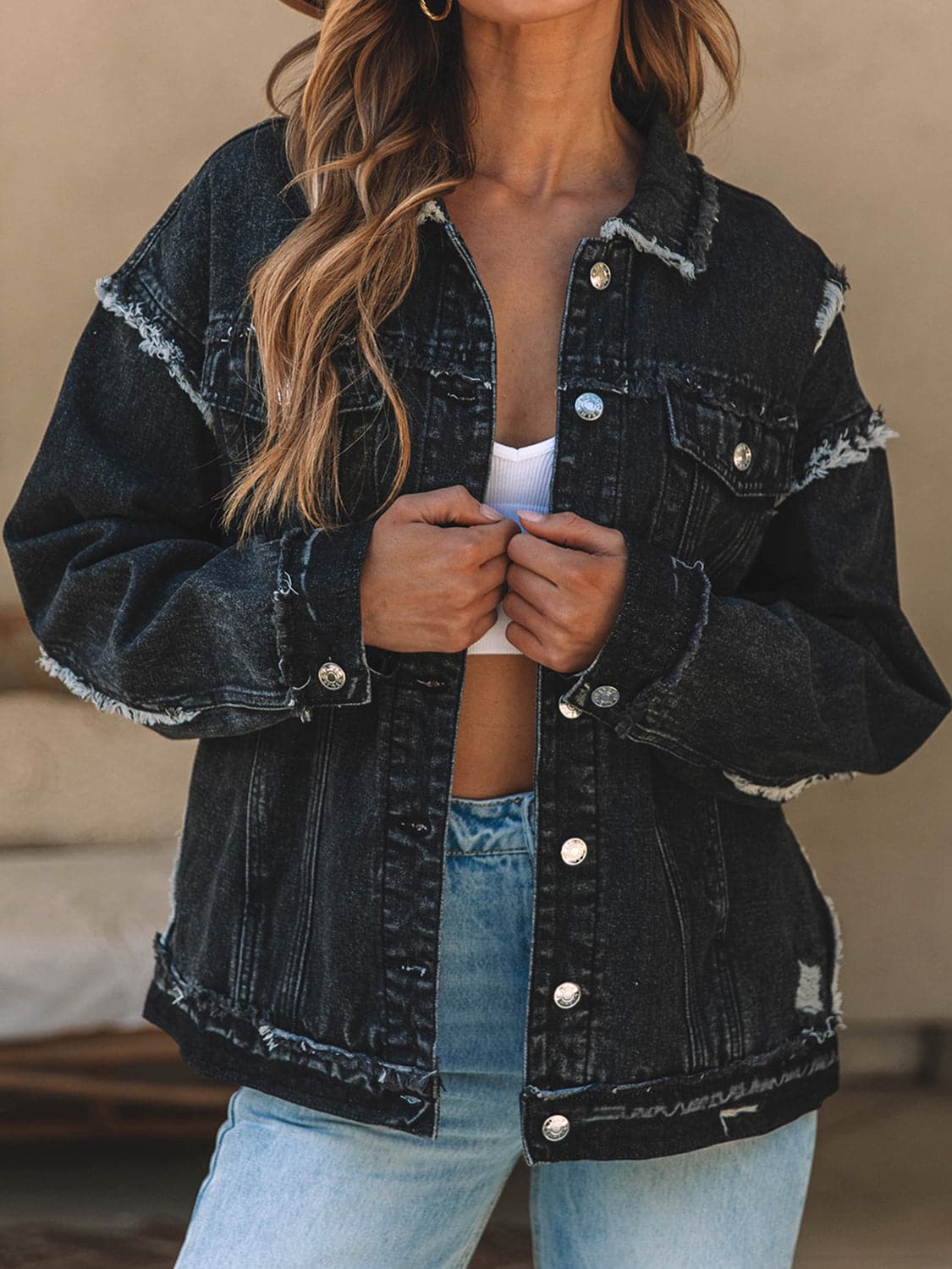 Button Up Raw Hem Distressed Denim Jacket.