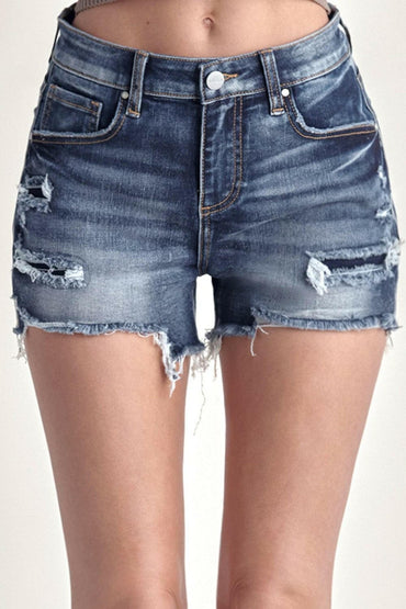 RISEN Mid Rise Raw Hem Denim Shorts.