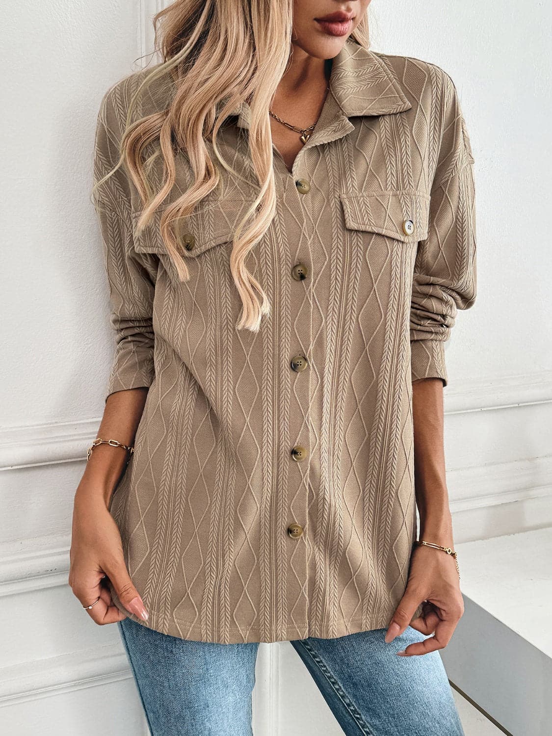 Textured collared neck button-up shacket