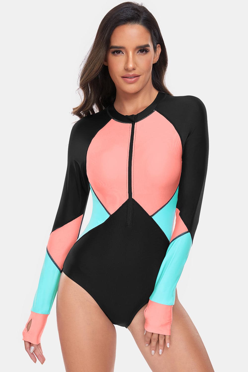 Color Block Half Zip Long Sleeve One-Piece Swimwear.