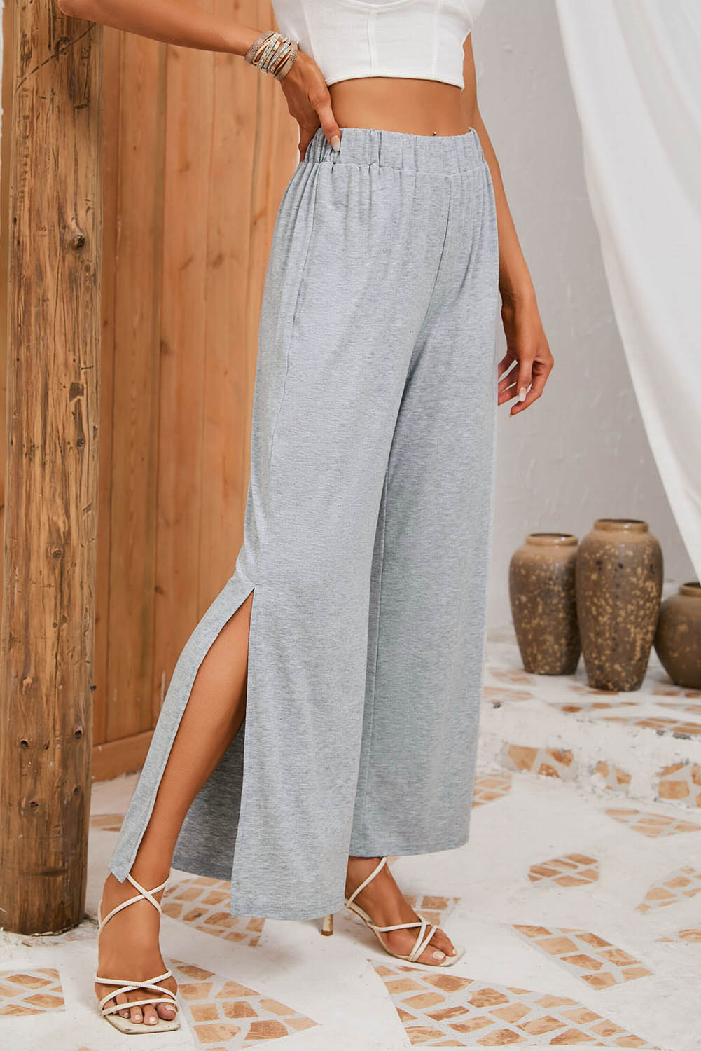 Slit Elastic Waist Pants.