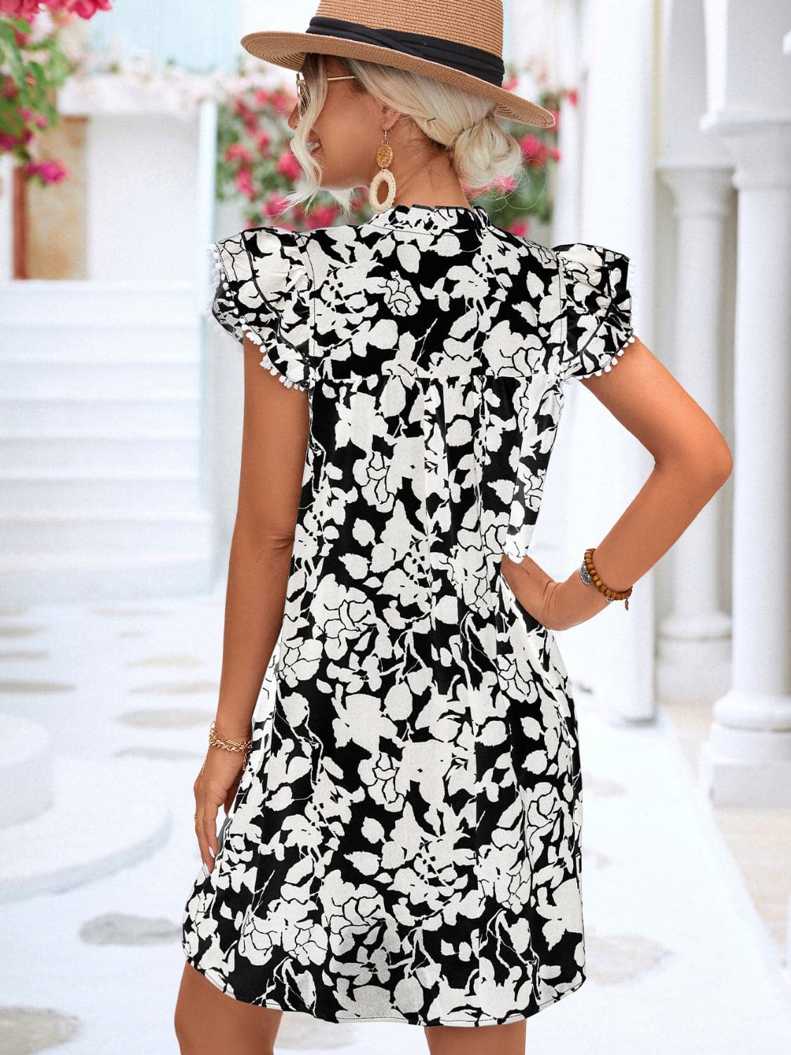 Floral Tie Neck Butterfly Sleeve Dress.