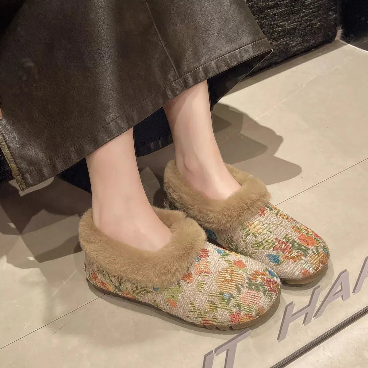 Floral Pattern Plush Lined Slip-Ons Simply Love
