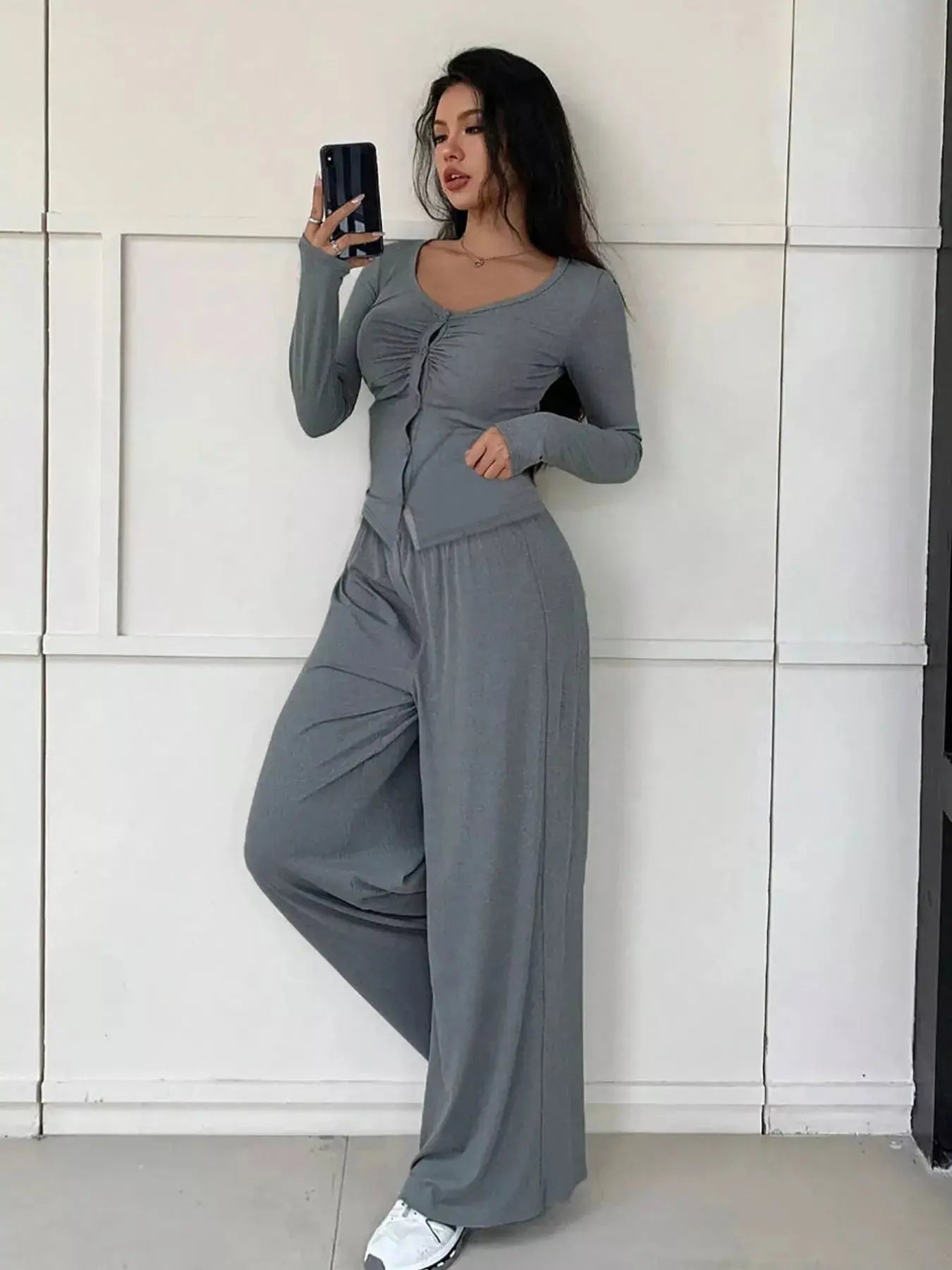 Ruched Button Down Top And Wide Leg Pants Set Gray Simply Love
