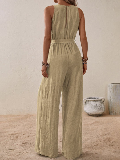 Tied Surplice Sleeveless Wide Leg Jumpsuit.