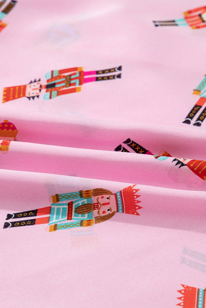 Pink Nutcracker Print Two Piece Pajama Set Contrast Trim Bow
