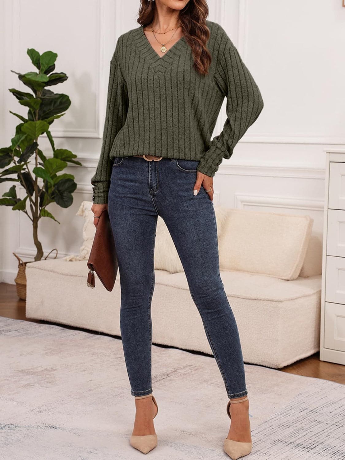 Ribbed V-Neck Long Sleeve T-Shirt.