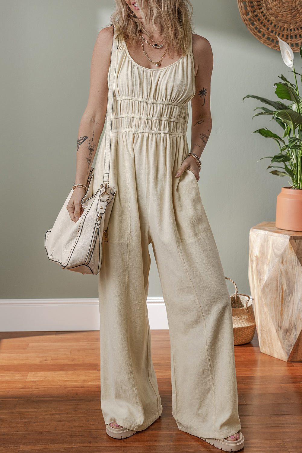 Beige Sleeveless Wide Leg Jumpsuit with Ruched High Waist Design