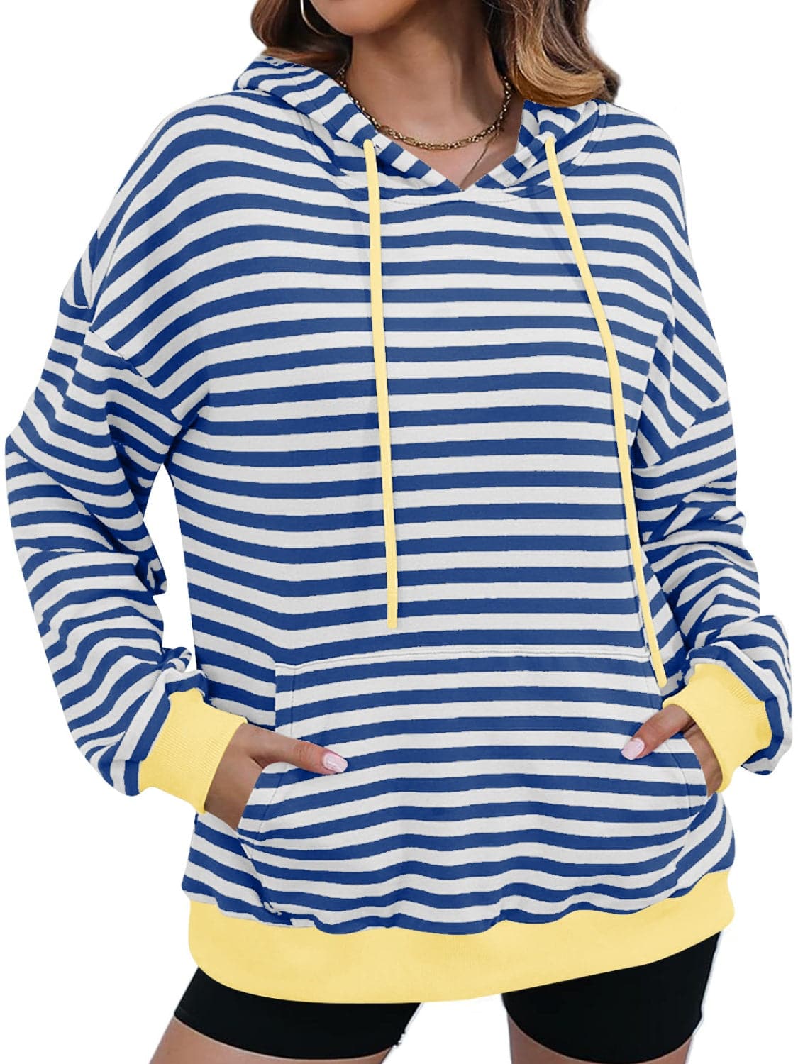 Drawstring Striped Long Sleeve Hoodie.