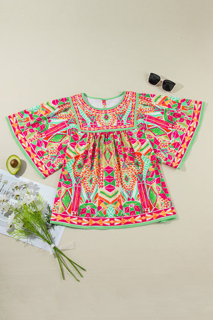 Chic green printed plus size blouse with wide sleeves