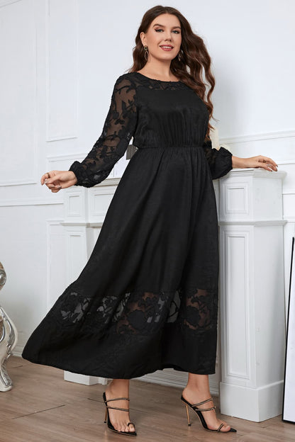 Melo Apparel Plus Size Embroidery Round Neck Long Sleeve Maxi Dress.