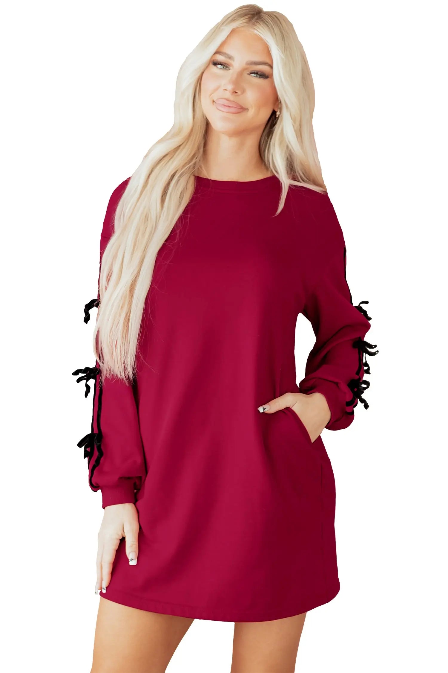 Racing Red Striped Bow Detail Drop Shoulder Sweatshirt Dress With Pockets Dear-Lover Dropshipping