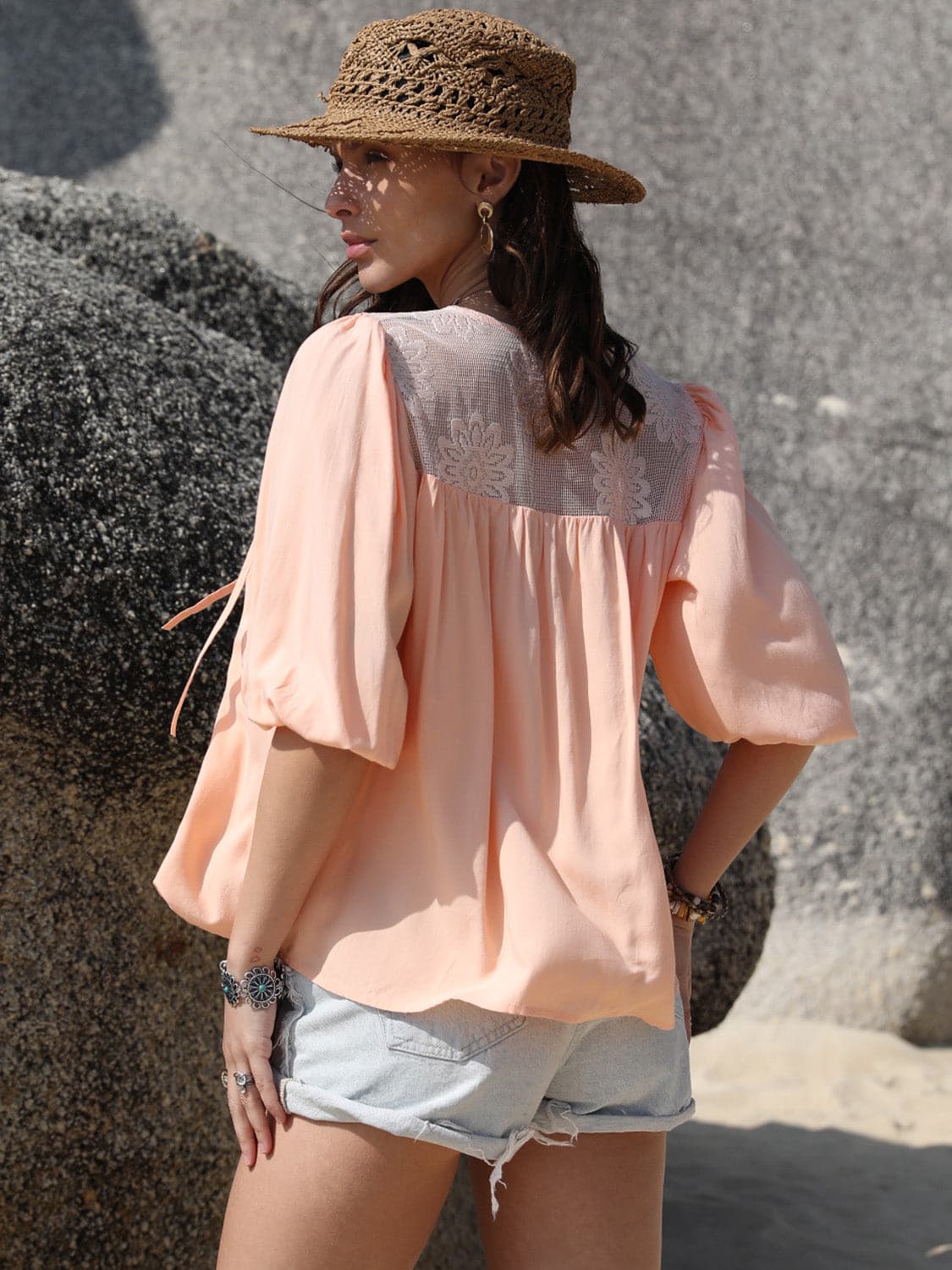 Tie Neck Half Sleeve Blouse.