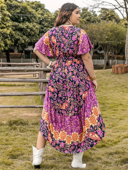 Plus Size Printed V-Neck Flutter Sleeve Midi Dress.