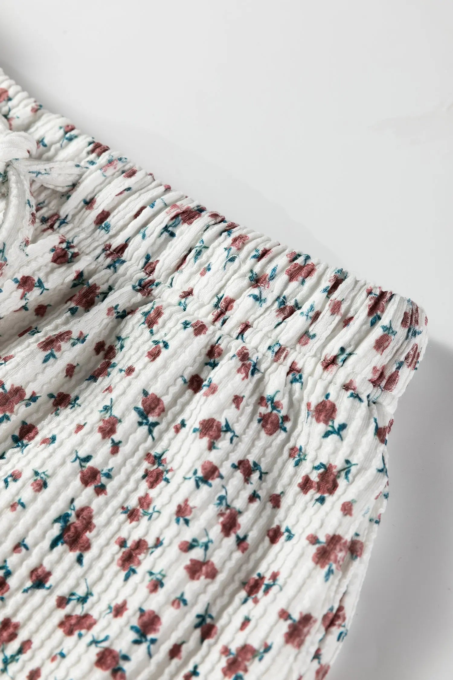 White Spiral Ribbed Floral Print Long Sleeve Henley Top Drawstring Short Set Dear-Lover Dropshipping