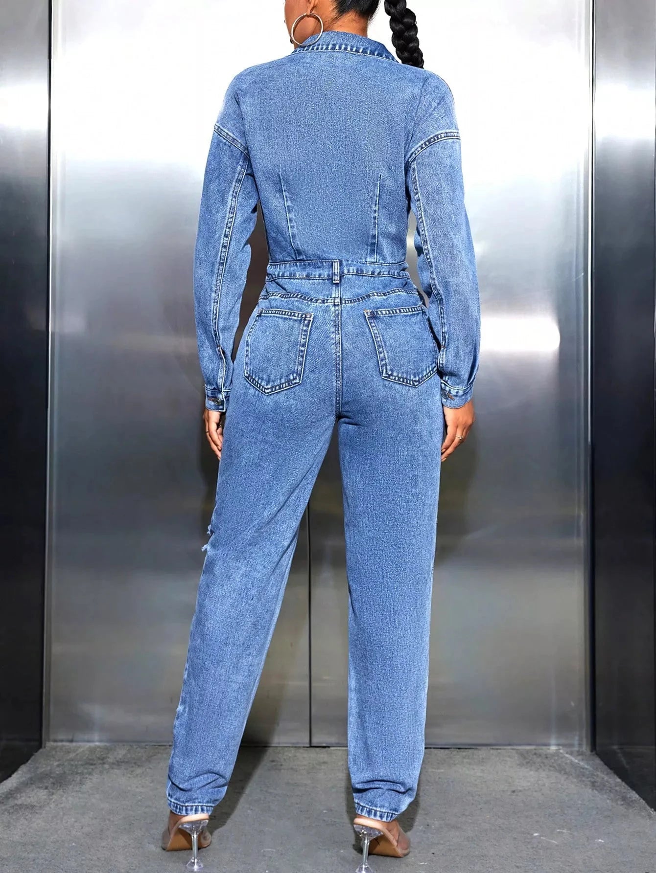 Distressed Long Sleeve Denim Jumpsuit Coco’s Tee Boutique