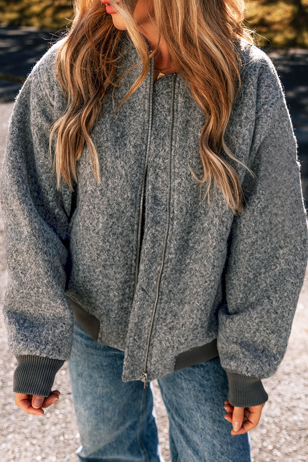 Chic medium grey fuzzy zip-up jacket with pocketed sleeves