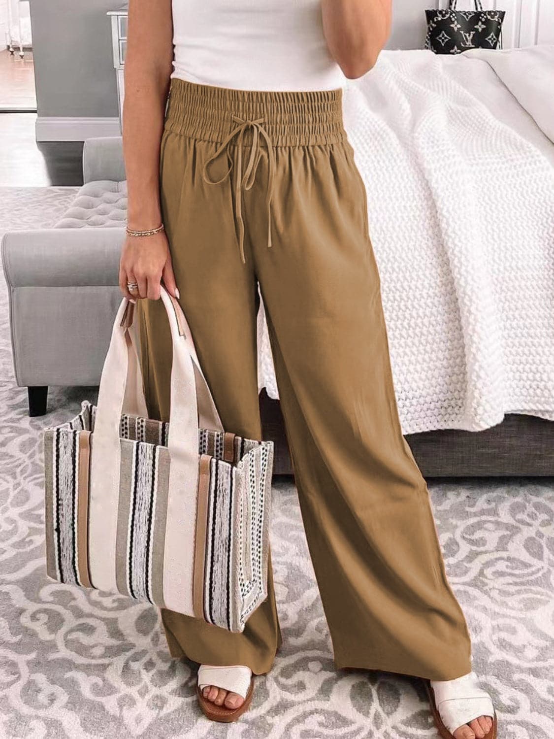 Full Size Drawstring High Waist Wide Leg Pants.