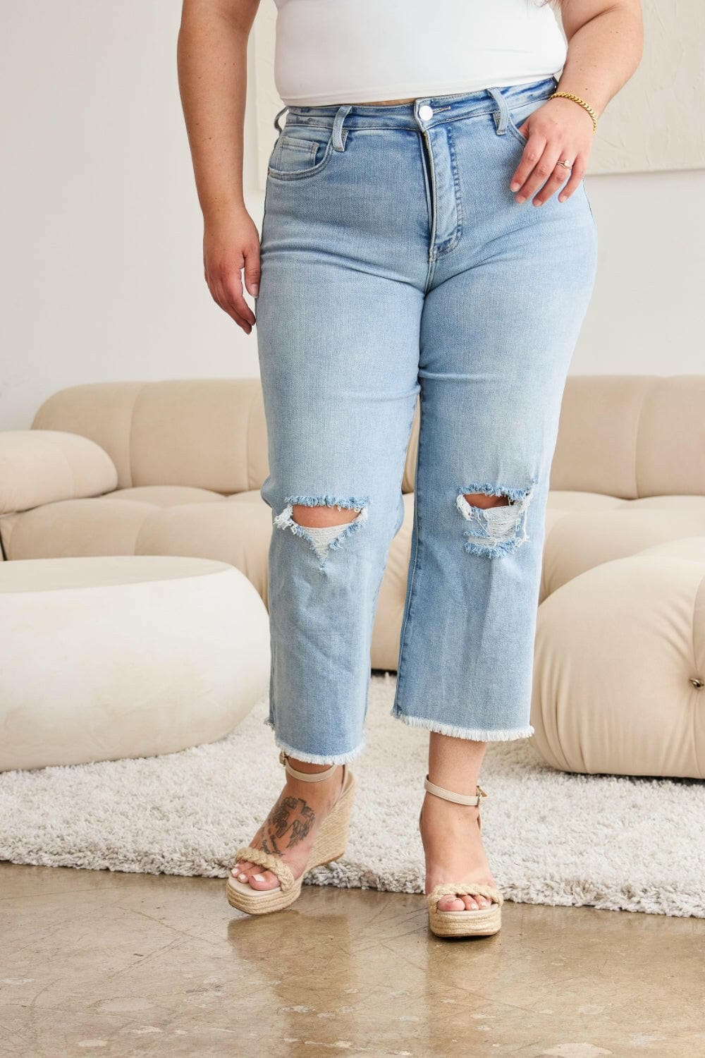 RFM Full Size Tummy Control High Waist Raw Hem Distressed Jeans.