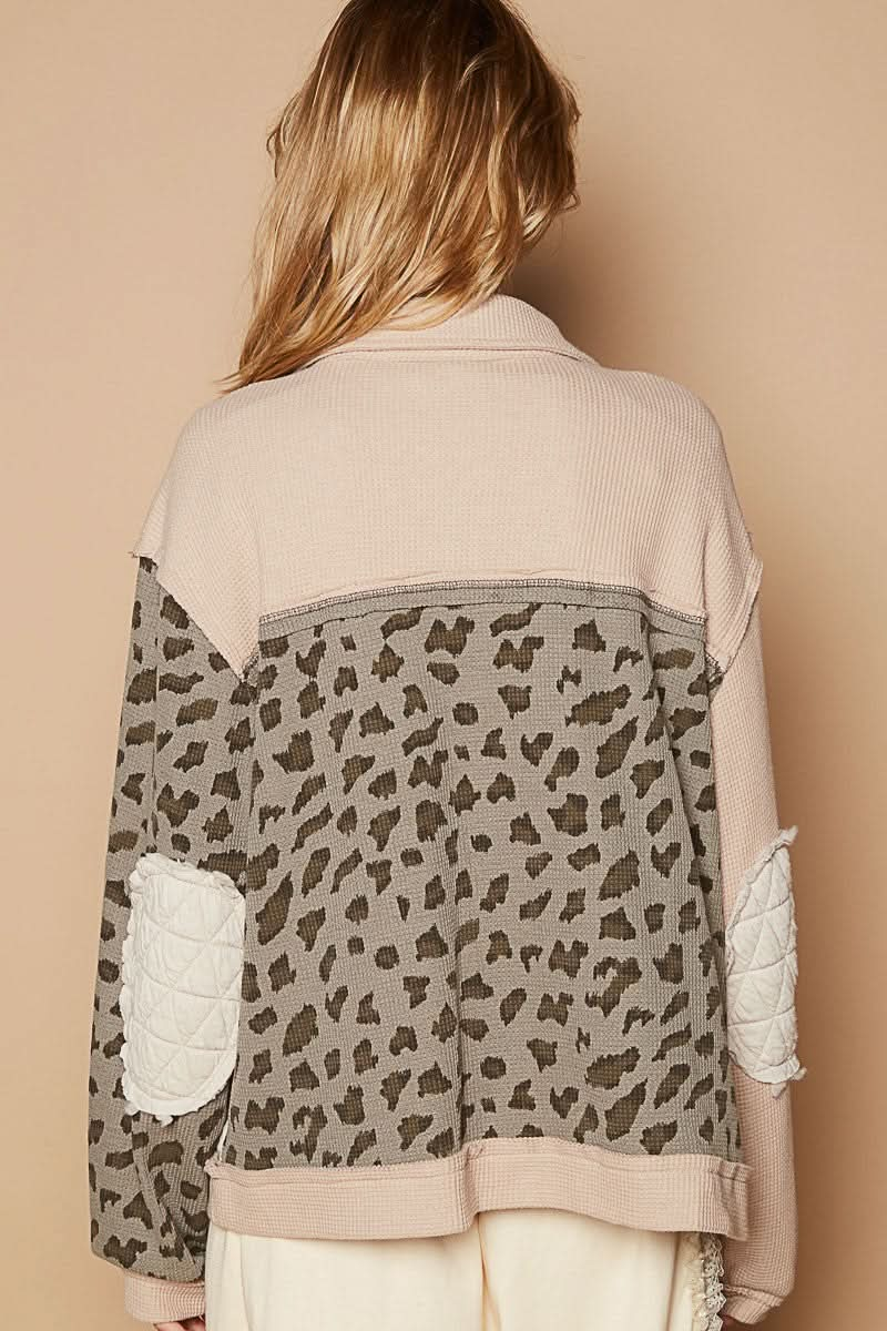 POL Leopard Exposed Seam Button Up Quilted Jacket