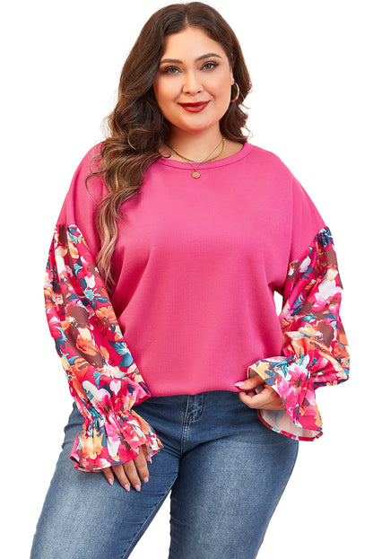 Bright pink floral flounce sleeve plus-size top with ribbed knit comfort