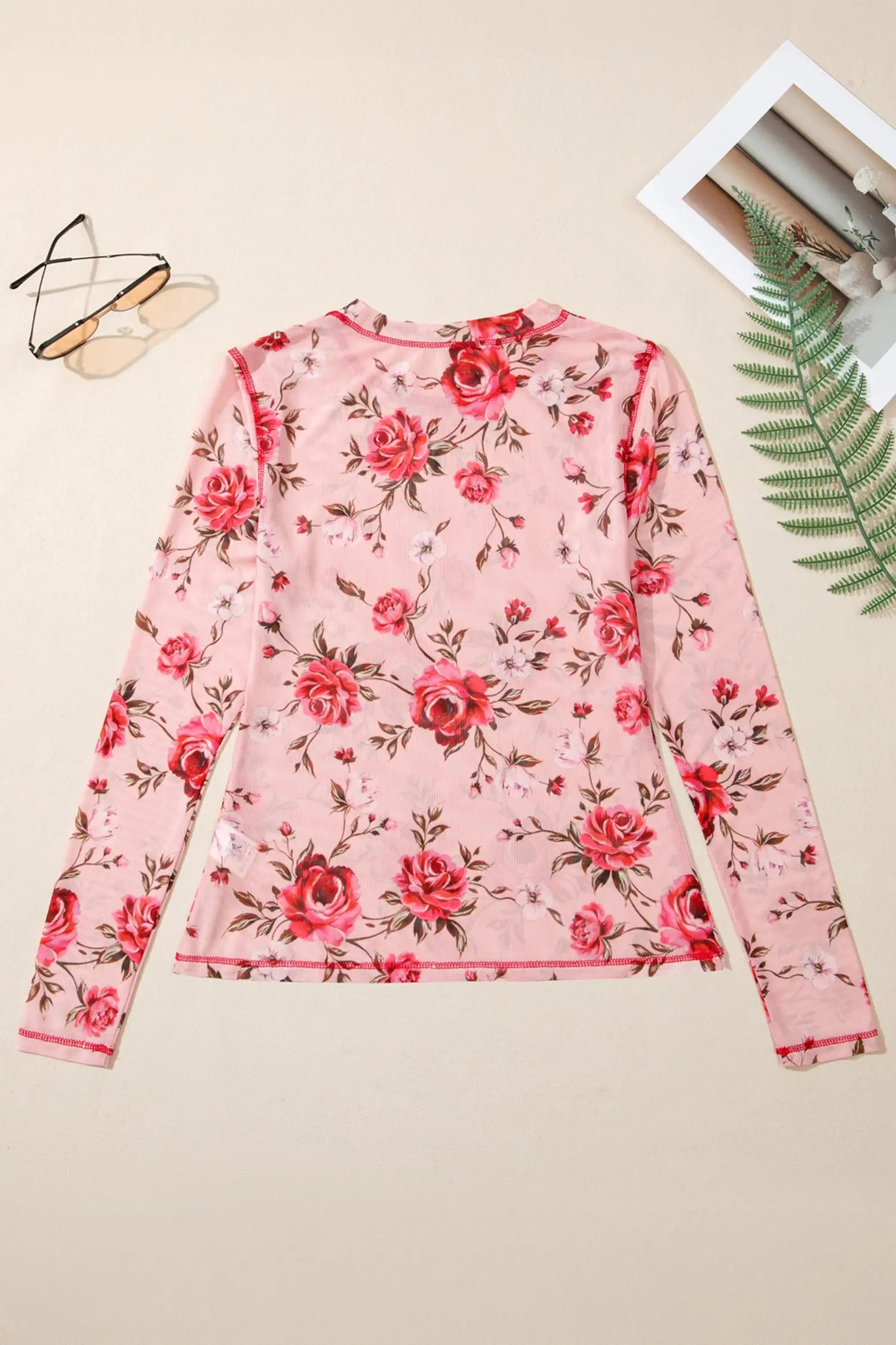 Pink Floral Print Mesh Long Sleeve Top With Exposed Seam Detail Dear-Lover Dropshipping