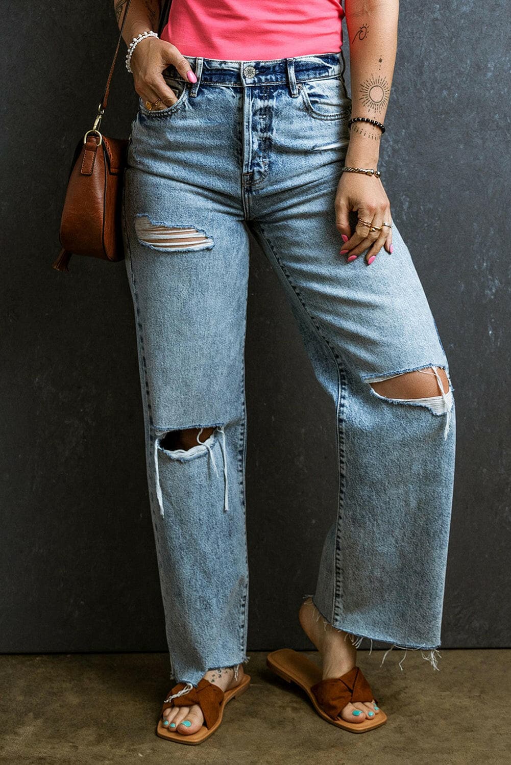 Frayed Edge Straight Leg Denim Jeans.