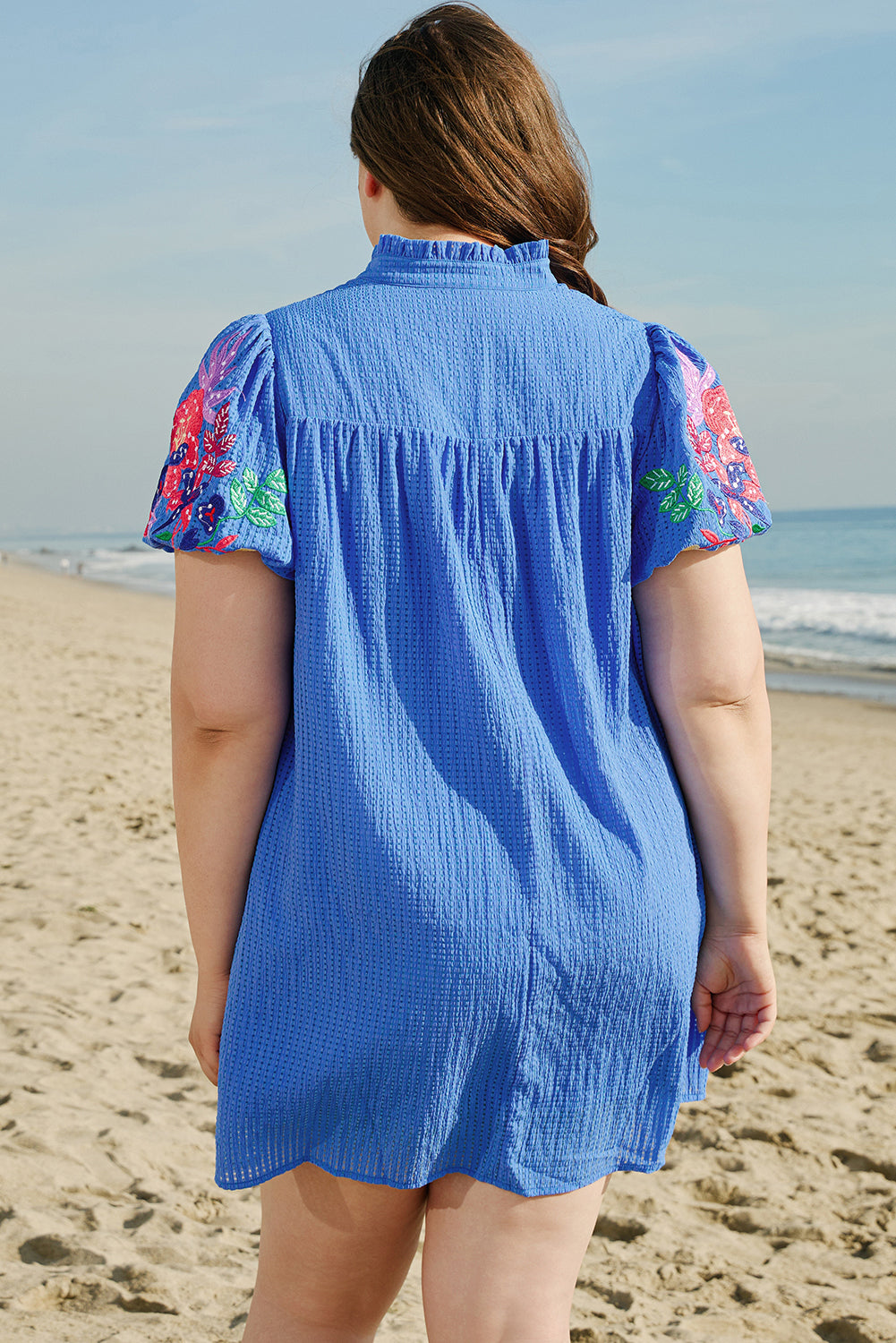 Sky Blue Plus Size Floral Embroidered Puff Sleeve Gingham Mini Dress Dear-Lover Dropshipping