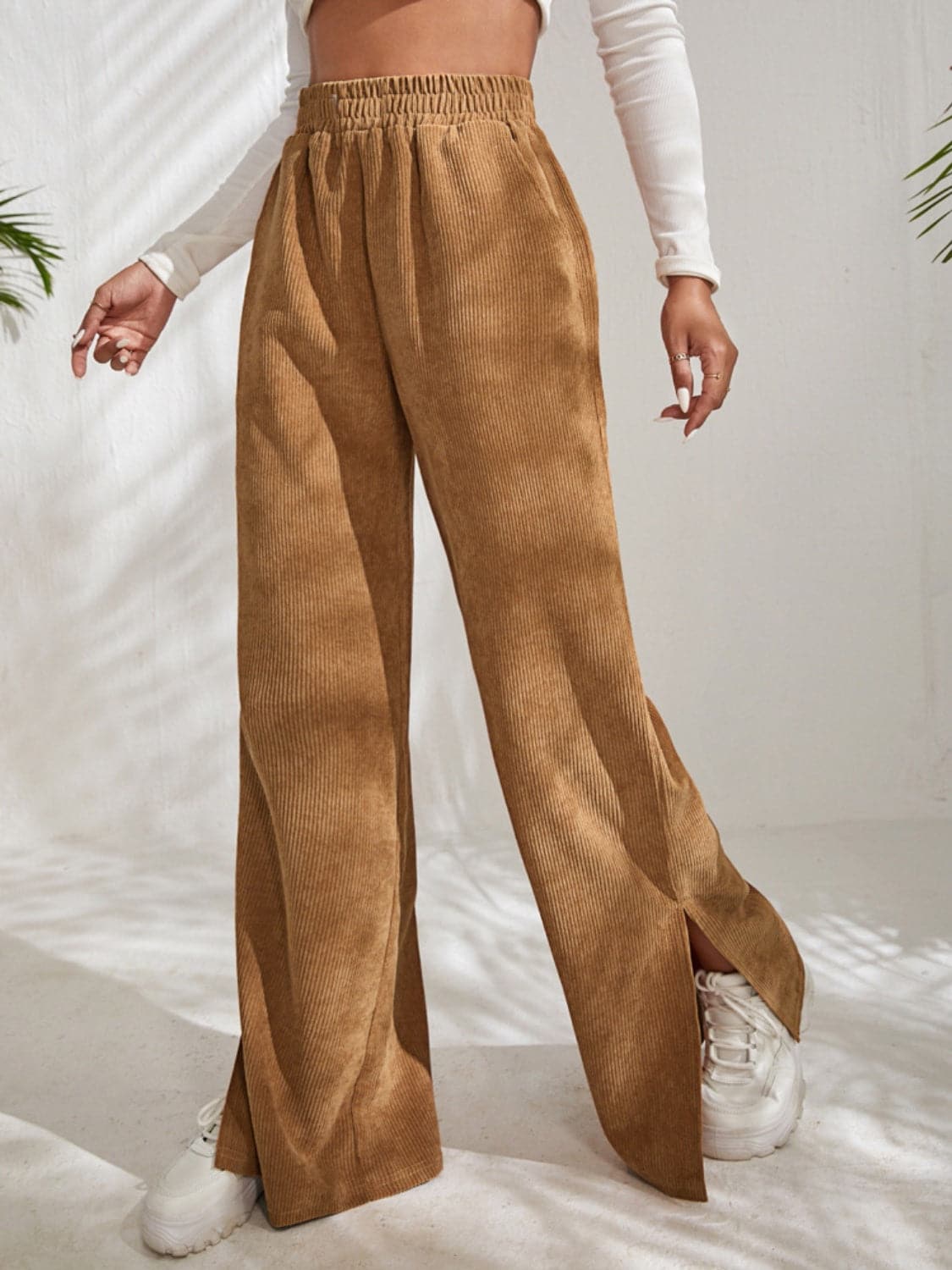 Slit Pocketed High Waist Wide Leg Pants.