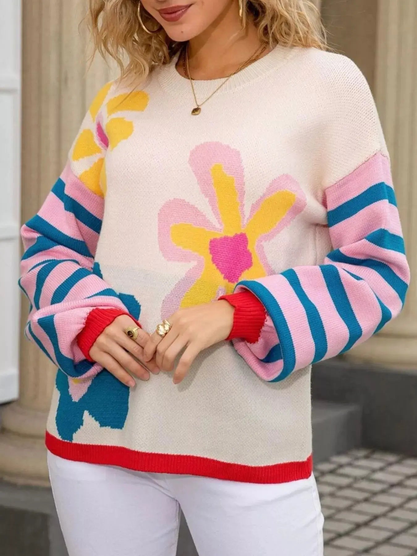 Floral Striped Crew Neck Sweater Simply Love