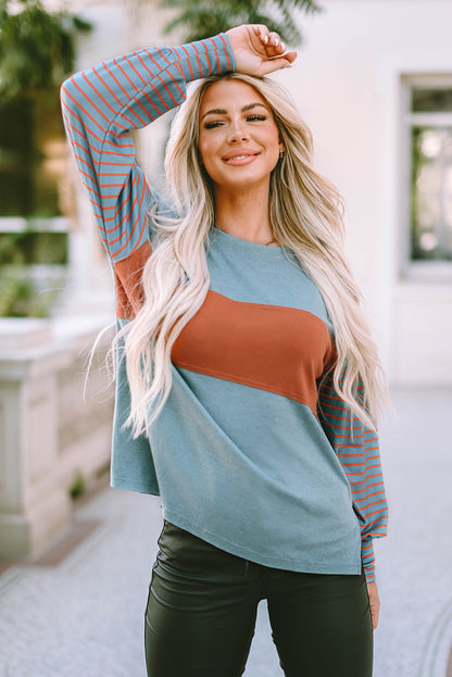 Chic green colorblock striped top with bishop sleeves