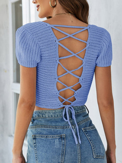 Lace-Up Openwork Square Neck Sweater.