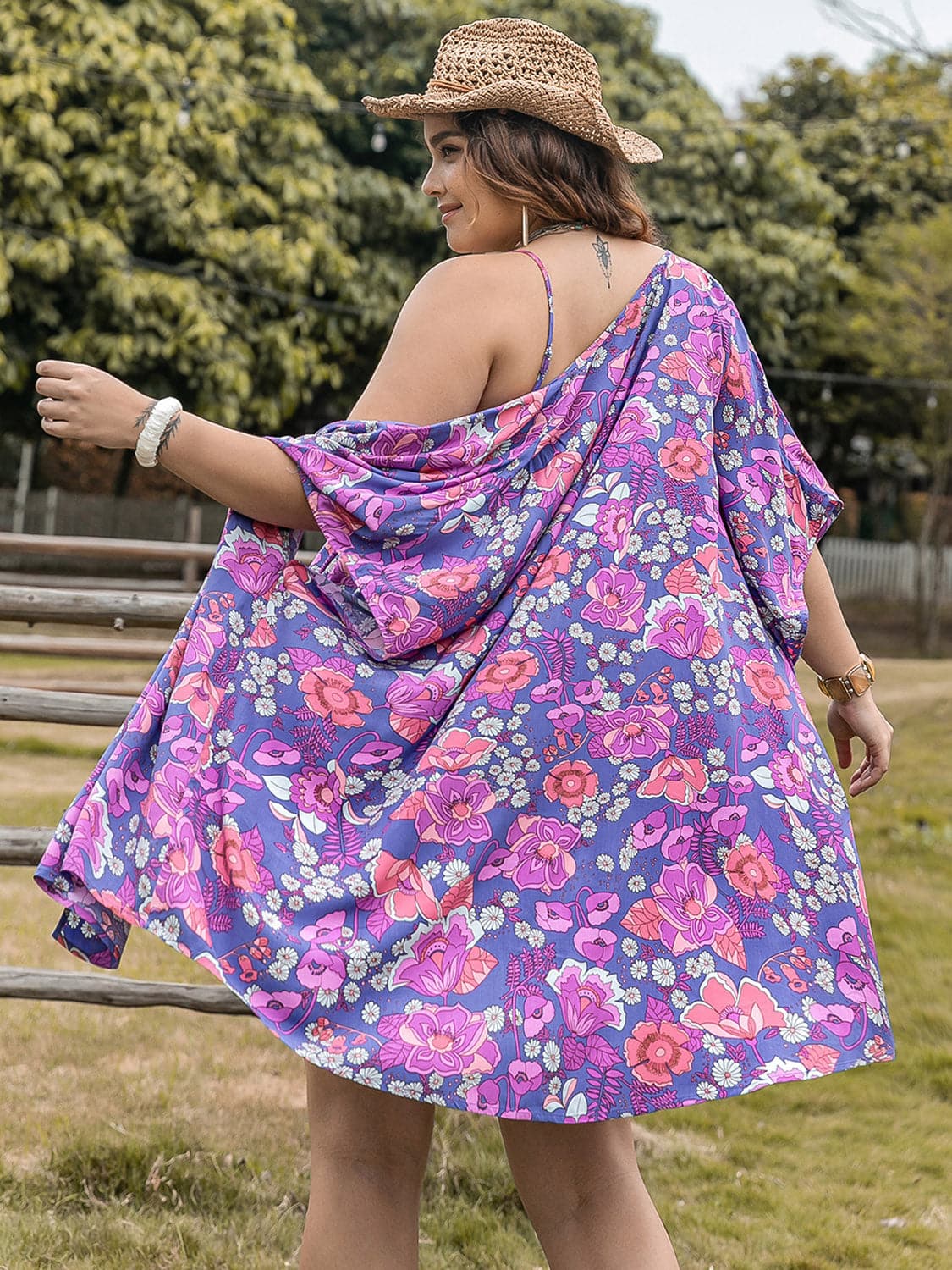 Plus Size Printed Cami, Open Front Cover Up and Shorts Set.