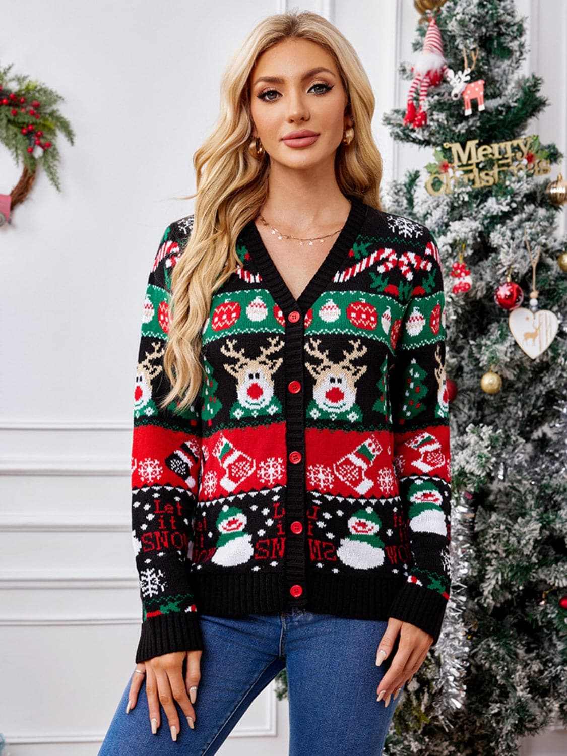 Reindeer Print Cardigan for Women - Love Salve 