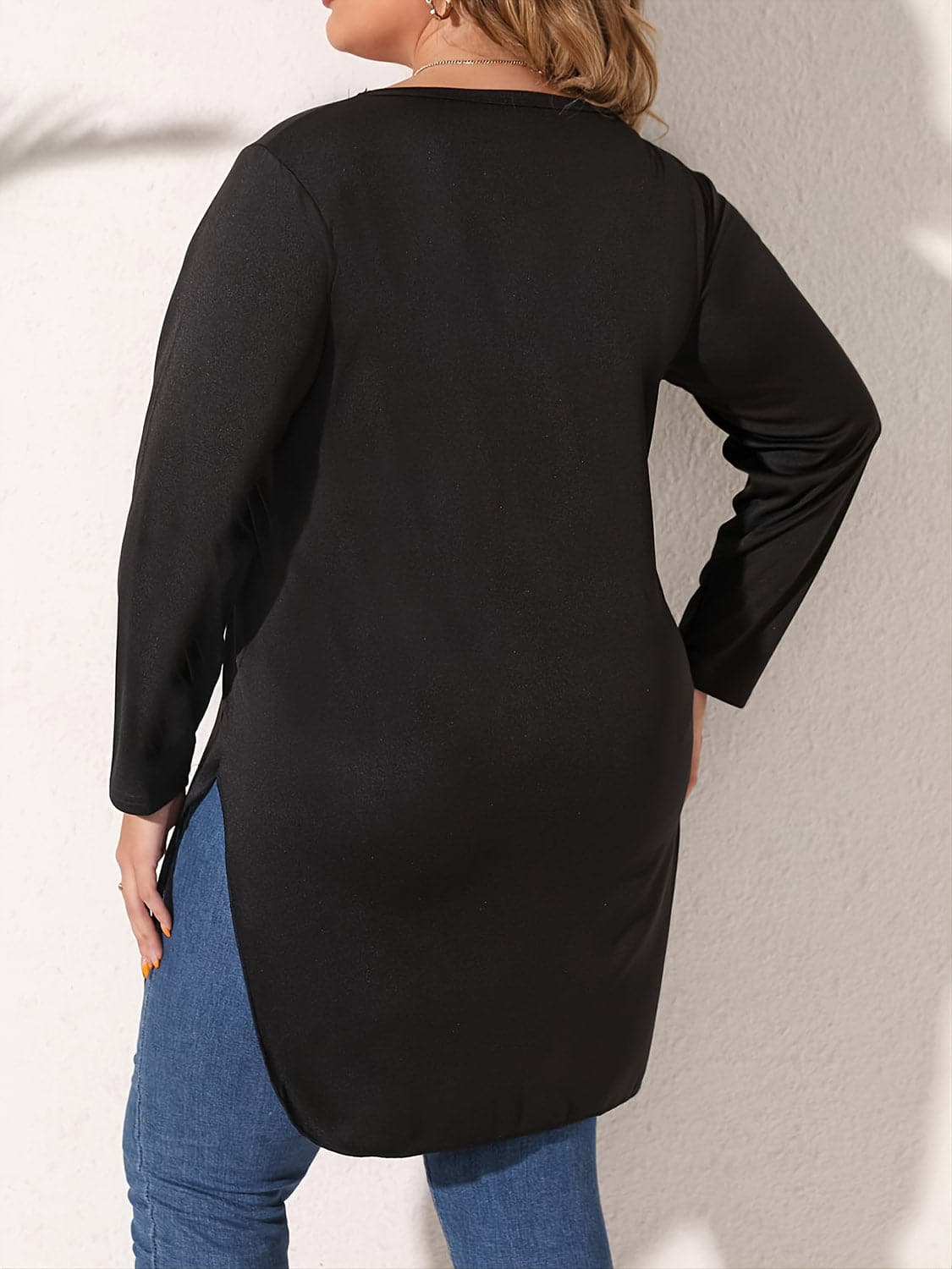 Plus Size Slit Long Sleeve T-Shirt.