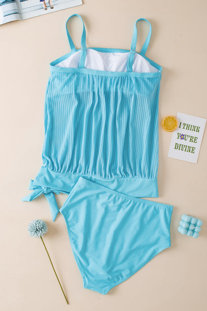 Turquoise striped mesh swim top with knotted hem detail