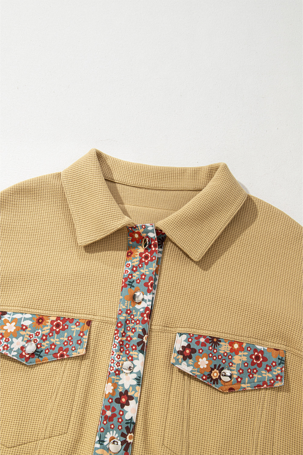 Khaki floral patchwork button-up jacket in cozy waffle knit