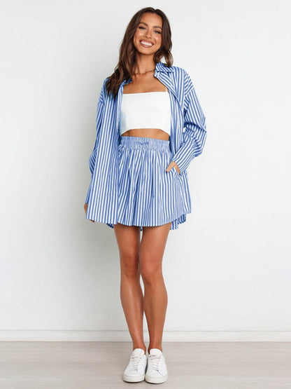 Striped Dropped Shoulder Shirt and Shorts Set.