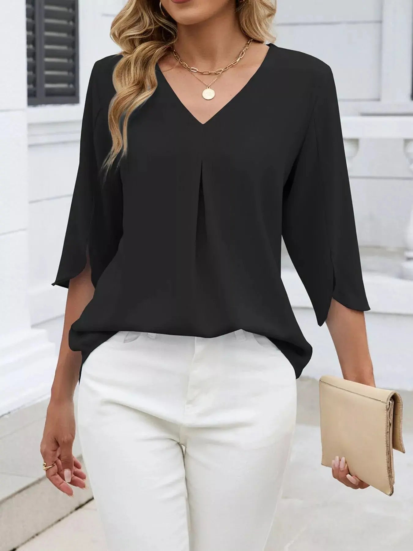 V-Neck 3/4 Sleeve Blouse Simply Love